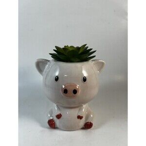 Ceramic Baby Piglet Planter Pink Pig Faux Succulent Room Decor 5”